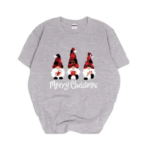 Festive grey t-shirt featuring three Christmas gnomes and Merry Christmas print