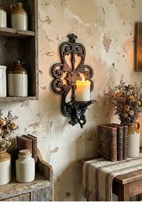 Vintage European cast iron hollow wall candle holder with lit candle in rustic setting