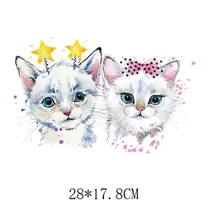 Cute cartoon watercolor kittens heat transfer sticker for clothing diy, 28x17.8cm size