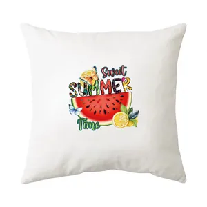 Impression transfert thermique Summer Time avec pastèque et citron sur coussin blanc.
