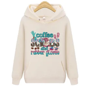 Cream white hoodie featuring a medical-themed 'Coffee Scrubs' heat transfer graphic design