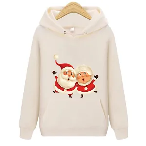 Sweat à capuche crème confortable avec imprimé mignon de Père Noël et Mère Noël pour Noël