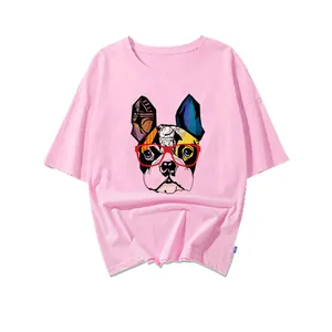 Pink short-sleeve T-shirt with a vibrant geometric dog print wearing red glasses