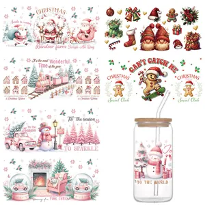 Kerst UV DTF Cup Wrap Stickers Voor Glazen Bekers Waterdichte Rub On Transfers Kerstman Kerstman Sneeuwpop DIY Beker Decals