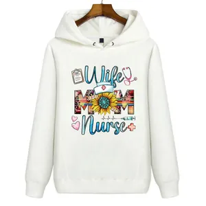 White hoodie with Wife Mom Nurse graphic print featuring sunflower and medical icons