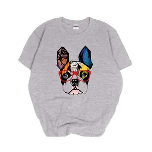 Casual gray cotton T-shirt featuring a vibrant cartoon bulldog wearing red glasses graphic