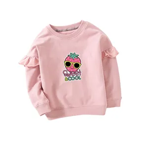 Pink girls long sleeve sweatshirt featuring sweet strawberry print and ruffle details