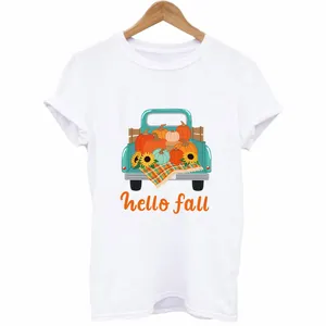 White t-shirt with 'Hello Fall' pumpkin truck graphic print for Thanksgiving day