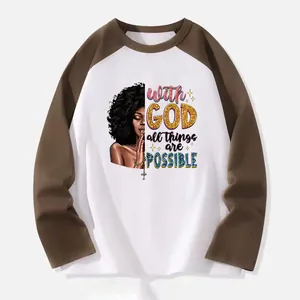 Détail de l'imprimé transfert thermique avec fille noire et texte chrétien inspirant.