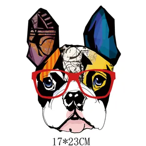 Pop art French Bulldog heat transfer decal with red glasses for clothing, 17x23cm.