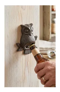 Vue détaillée d'un décapsuleur mural hibou en fonte ouvrant une bouteille de bière