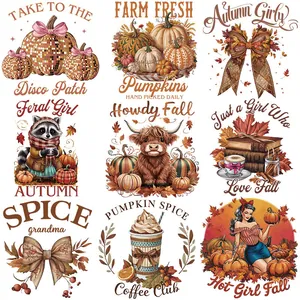 Parche de Transferencia Térmica DIY Acción de Gracias Pegatina DTF Tinta Blanca para Ropa Diseño Retro Calabaza Vaca Highlands