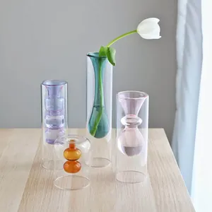 Vaso in Vetro Borosilicato a Doppia Parete Minimalista Nordico Supporto per Fiori a Bolla Geometrica Ornamento d'Arte da Tavolo