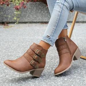 Bottines Chelsea marron rétro à triple boucles et talons épais pour femmes chic