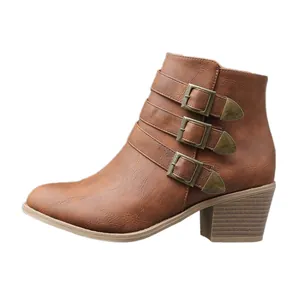 Bottines rétro marron pour femmes avec triple boucles et talon épais tendance