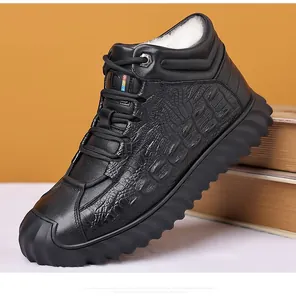Detail view of winter high-top cowhide boots with warm wool lining and crocodile texture