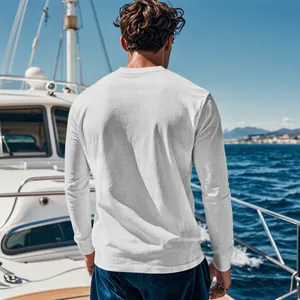 Back view detail of men's white ribbed corduroy long sleeve shirt on a yacht