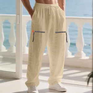 Detail view of men's loose linen pants featuring decorative zippers on the thighs