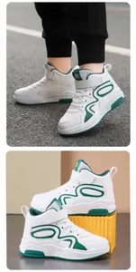 Scarpe da basket alte bianche e verdi per bambini con tomaia in pelle e cinturino a strappo.