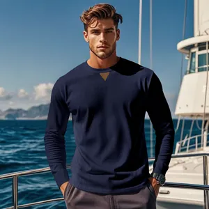 Detail view of navy blue corduroy long-sleeve shirt with triangular collar element
