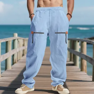 Loose fit light blue linen beach pants for men with stylish zipper details