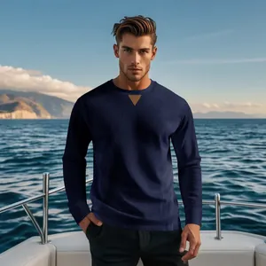 Macro view of navy blue ribbed long sleeve crewneck top with unique triangle neck detail