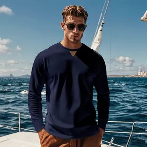 Men's navy corduroy long sleeve top with crew neck and stylish triangular patch.