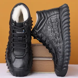 Men's Winter Warm High-top Cotton Leather Shoes Crocodile Pattern Top Layer Cowhide Natural Wool Lining Anti-slip Rubber Sole