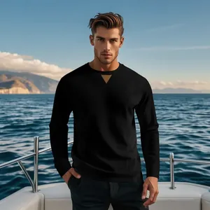 Men's casual black corduroy long sleeve top with round neck and triangle patch