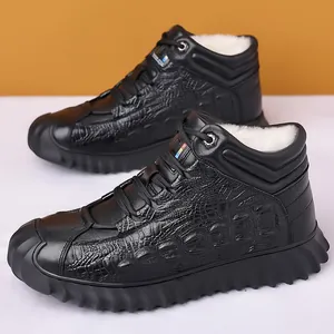 Men's black leather winter boots with warm wool lining and crocodile texture