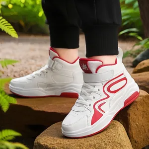Sneaker in pelle bianca e rossa per bambini con suola spessa, scarpe da basket alla moda