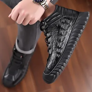 High-top men's black leather boots with embossed crocodile texture for winter