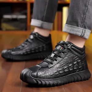 Winter genuine leather men's high-top warm boots with wool lining and crocodile pattern
