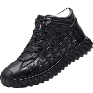 Men's black high-top winter leather boots with warm wool lining and crocodile texture