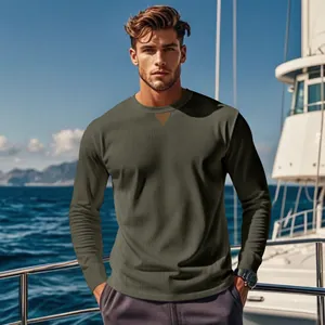 Men's Casual Corduroy Long Sleeve T-Shirt Crew Neck Outdoor Top With Patchwork Detail Solid Color Polyester Breathable Shirt