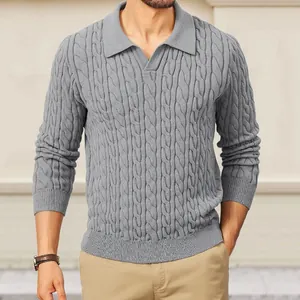 Detailed view of men's grey cable knit polo sweater showing texture and long sleeve design