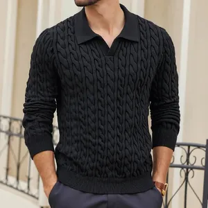 High-quality detail showing the black cable knit texture of a men's polo sweater