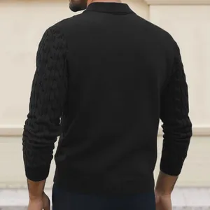Back view of a black cable knit men's sweater with ribbed hem and cuffs