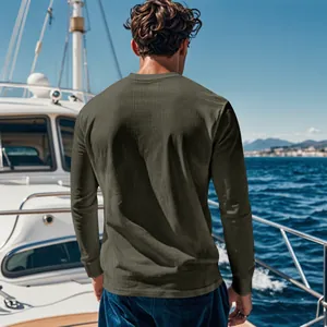 Detailed back view of men's casual olive green ribbed corduroy crewneck long sleeve shirt