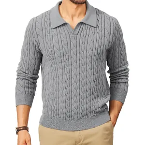 Grey cable knit polo sweater for men with long sleeves and twist pattern detail