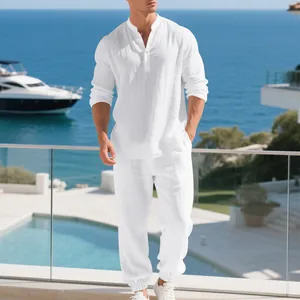 Macro detail of white linen Henley shirt and trousers set for men's vacation style