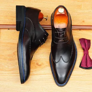 Herren Rindsleder Oxford Schuhe Business Formell Britisch Brogue Brüniert Spitz Zulaufende Hochzeit Anzugschuhe