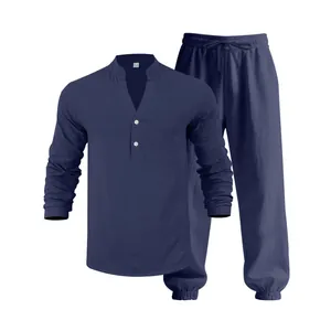 Close-up view of a navy blue breathable linen men's Henley shirt and jogger pants set