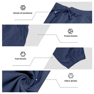 Detail view of navy blue linen lounge pants showing waistband, pocket and fabric texture