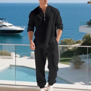 Men's black linen Henley long sleeve shirt and pants set for casual resort wear