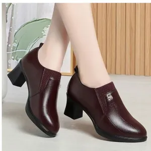 Maroon block heel loafers for women, stylish pointed toe leather shoes for commuting.