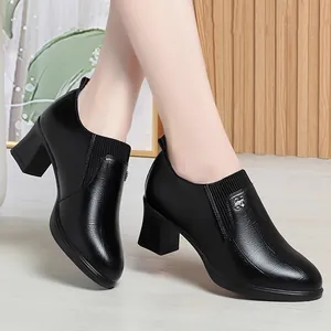 Black chunky heel pointed toe loafers with textured leather and metallic detail