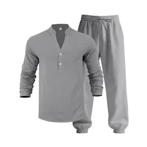 Full view of men's gray long-sleeved Henry shirt and matching jogger pants linen-style set
