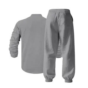 Detailed back view of a grey linen blend Henley shirt and matching casual pants set