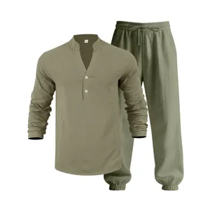Detailed view of men's olive green linen-like Henley shirt and matching lounge pants set.